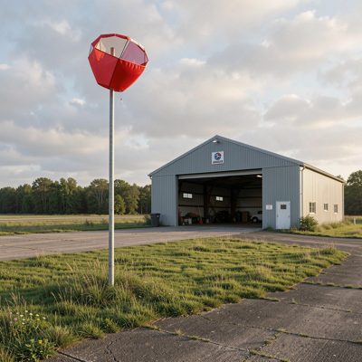 a small airfield with a windsock and hangar