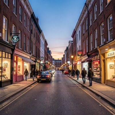 a main street at dusk with shop lights on