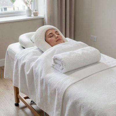 a massage table with fresh linen and a face cradle