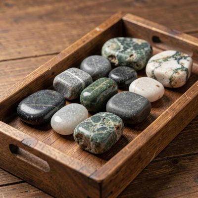 hot stones arranged on a wooden tray