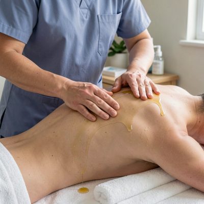 a therapist massaging a back with oil