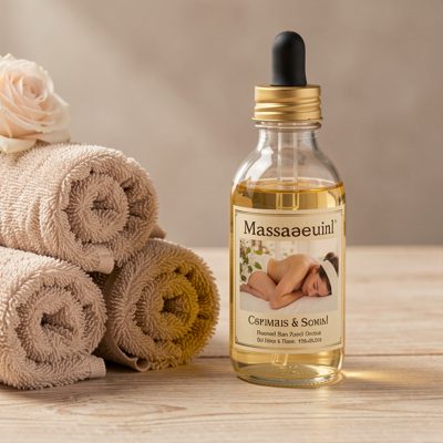 a bottle of massage oil beside rolled towels