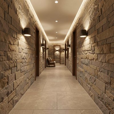 a spa corridor with soft lighting and stone walls