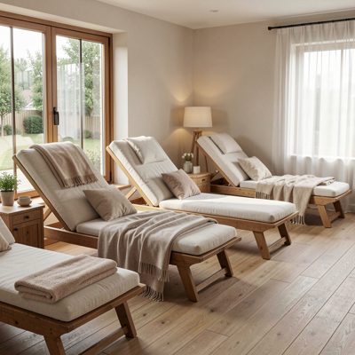a relaxation room with loungers and blankets