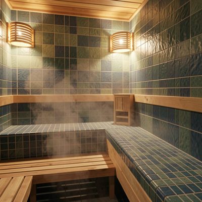a steam room with tiled benches
