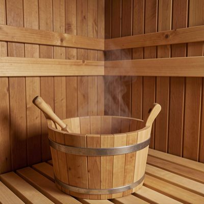 a sauna with a wooden bucket and ladle