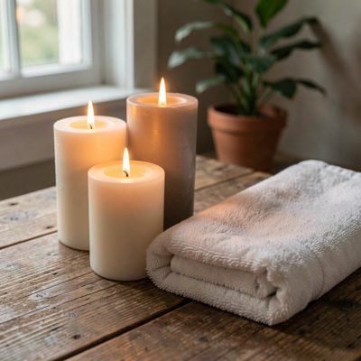 candles burning beside a folded towel