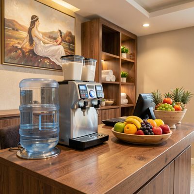 a spa reception with a water dispenser and fruit