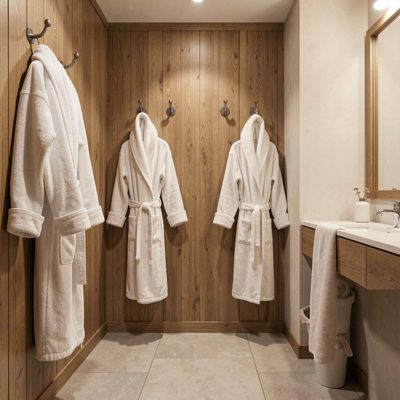a spa changing room with robes on hooks