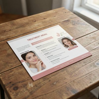 a treatment menu card on a low table