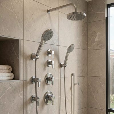 a hydrotherapy shower with multiple heads