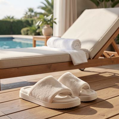 a pair of spa slippers beside a lounger