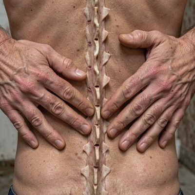 hands pressing along either side of a spine