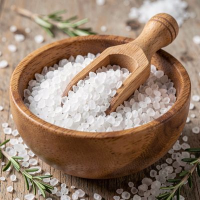 a bowl of sea salt with a wooden scoop