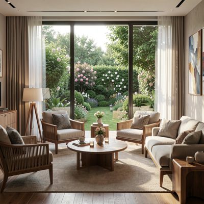 a relaxation lounge with a view of a garden