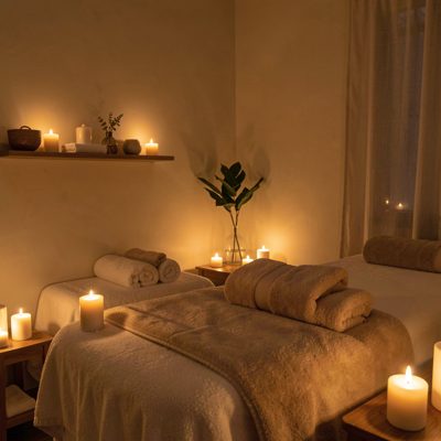 a massage room lit only by candles