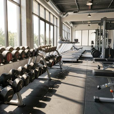 a gym with racks of dumbbells and natural light
