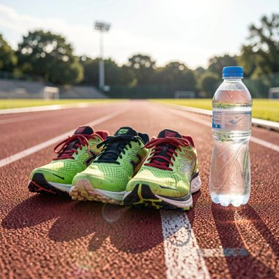 running shoes on a track beside a water bottle