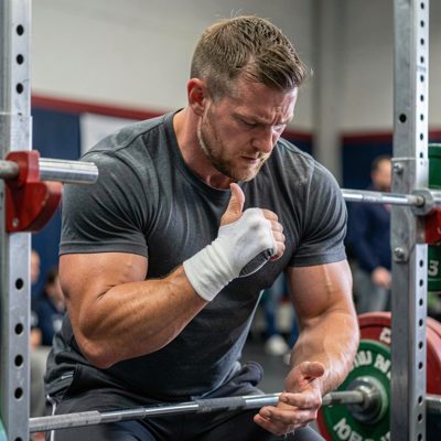 a weightlifter chalking hands before a lift