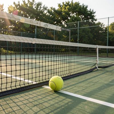 a tennis court with a ball resting by the net