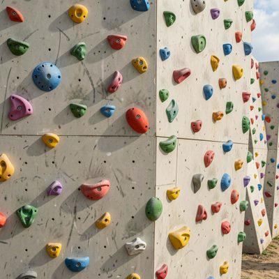 a climbing wall with coloured holds