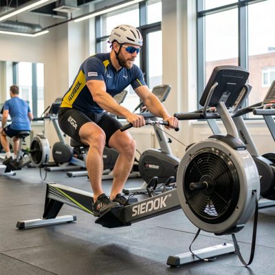 a rower on an indoor machine mid stroke
