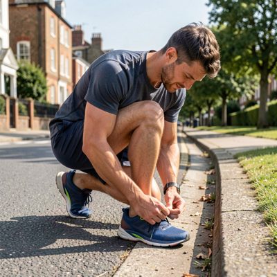 a runner tying a shoelace on a kerb