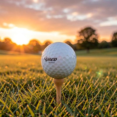 a golf ball on a tee at sunrise
