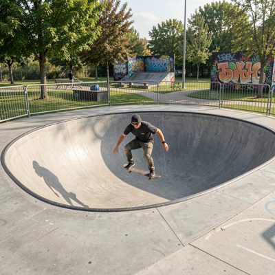 a skate park with a rider in the bowl