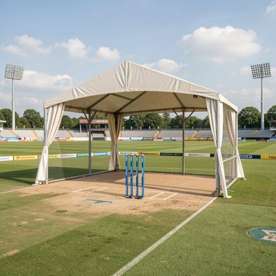 a cricket ground with a covered wicket
