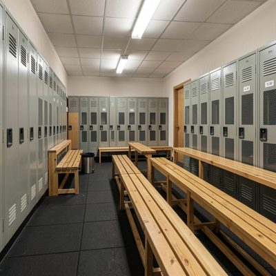 a gym locker room with wooden benches