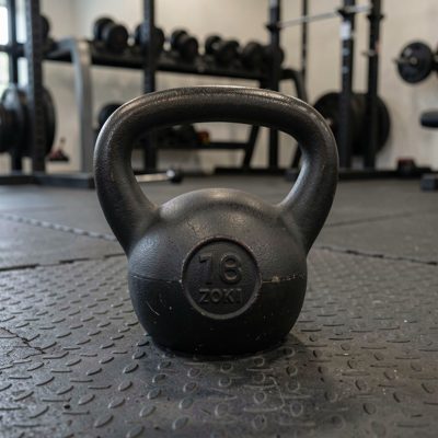 a kettlebell resting on a rubber gym floor