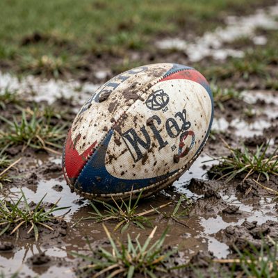 a rugby ball on a muddy pitch