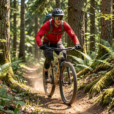 a mountain biker on a forest trail