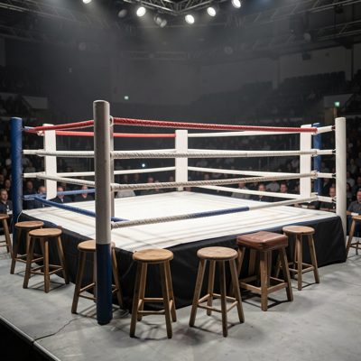 a boxing ring with ropes and empty corner stools