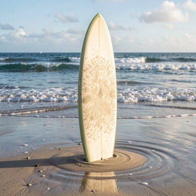 a surfboard planted upright in wet sand