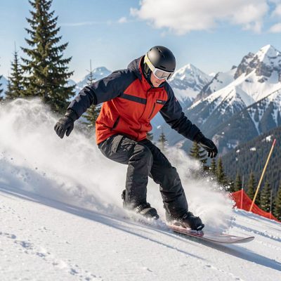 a snowboarder carving down a slope