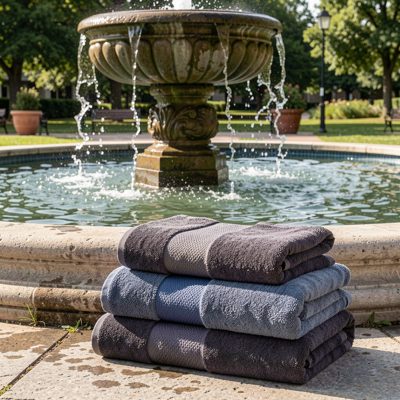 a stack of gym towels beside a water fountain