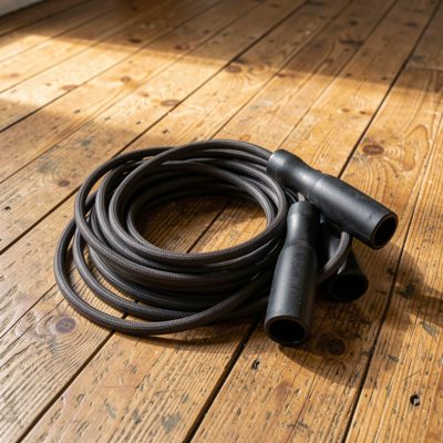 a skipping rope coiled on a wooden floor