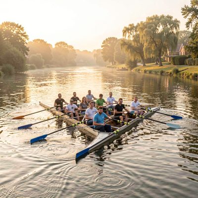 a rowing eight on a river at dawn