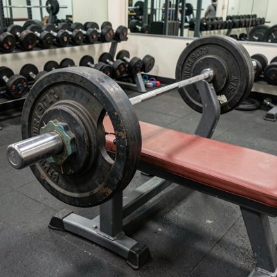 a bench press bar loaded with plates