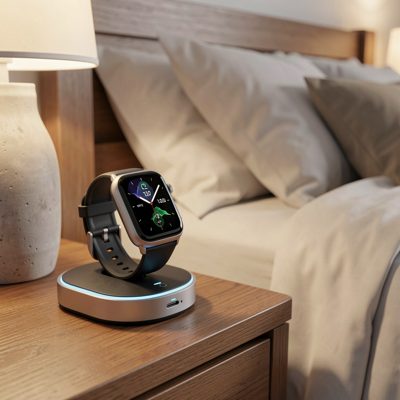 a smartwatch on a charging puck beside a bed
