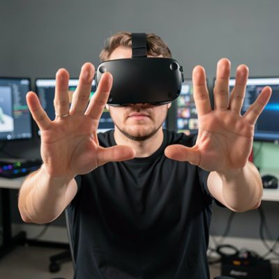 a person wearing a vr headset reaching out with both hands