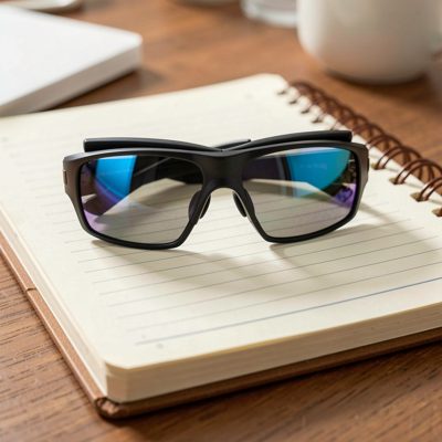 augmented reality glasses folded on a notebook