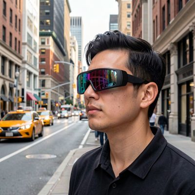 a person wearing ar glasses looking at a city street