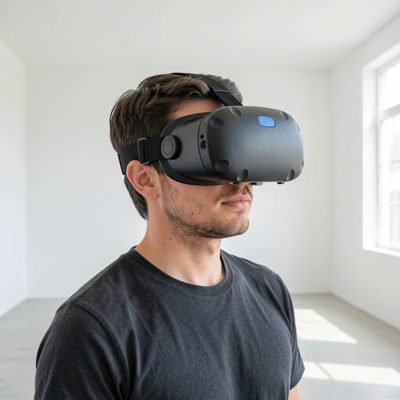 a person in a vr headset in a bright empty room