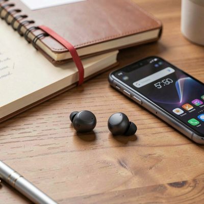 wireless earbuds on a desk beside a phone and notebook