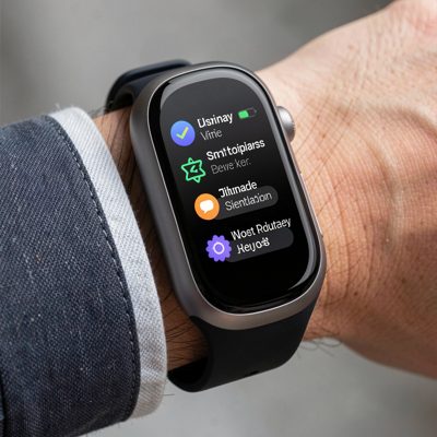 a smart display band on a wrist showing notifications