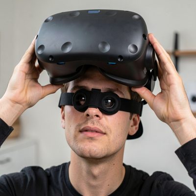 a vr headset being lifted off the head