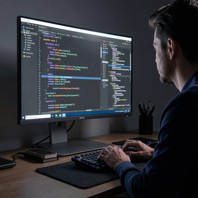 a developer writing code on a large monitor in a dark room
